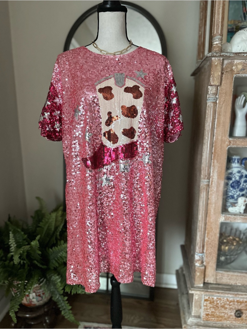 Simply Southern Pink Sequin Mini Dress with Cowhide Graphic